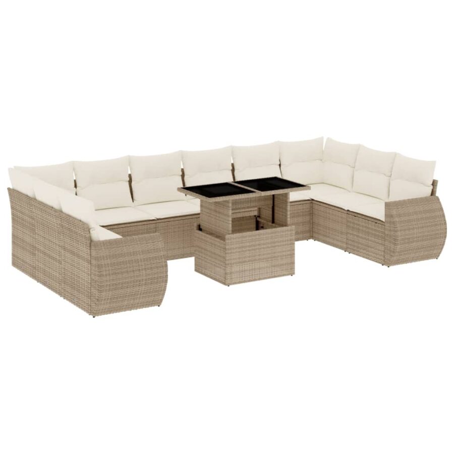 11-delige Tuinset met kussens poly rattan beige - Afbeelding 2
