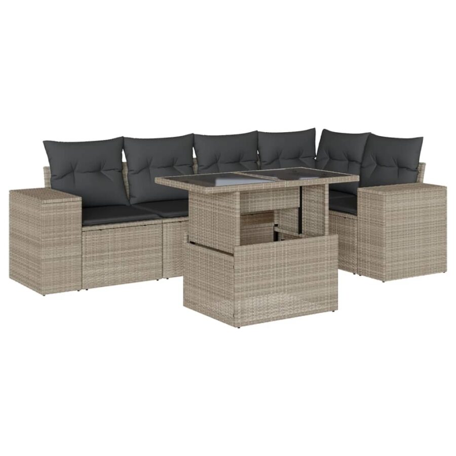 6-delige Loungeset met kussens poly rattan lichtgrijs - Afbeelding 2