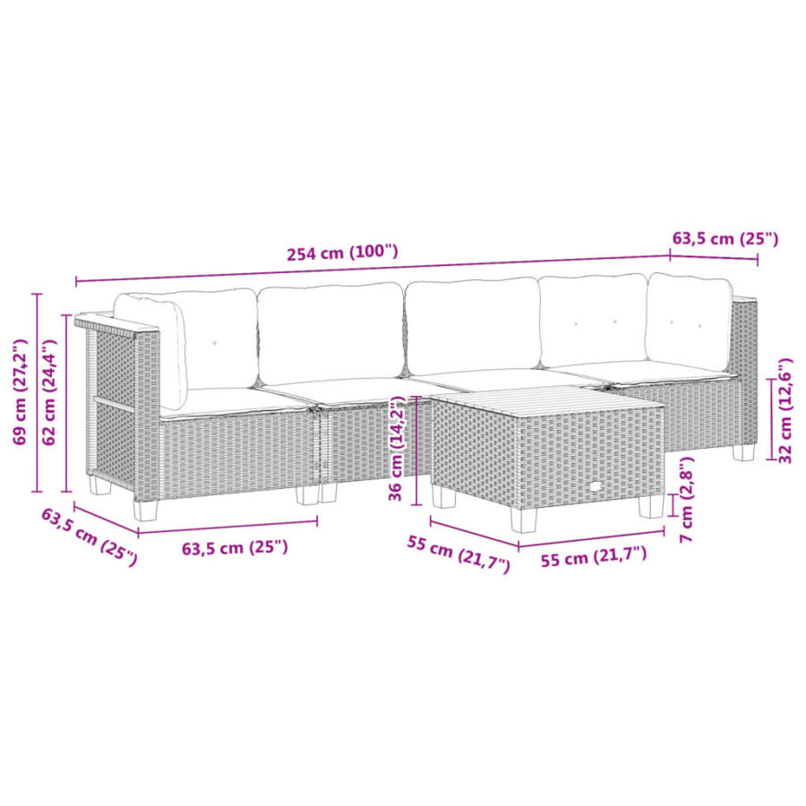 5-delige Loungeset met kussens poly rattan grijs - Afbeelding 8