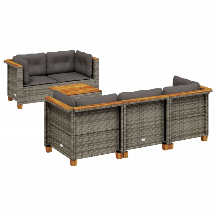 6-delige Loungeset met kussens poly rattan grijs - Afbeelding 2