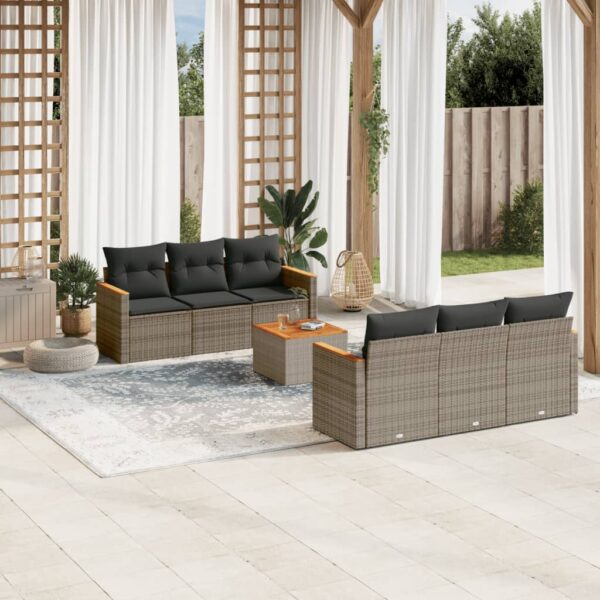 7-delige Loungeset met kussens poly rattan grijs