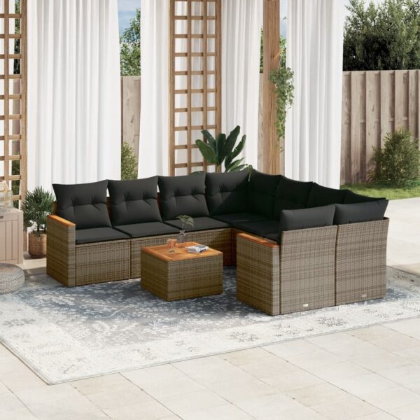 9-delige Loungeset met kussens poly rattan grijs