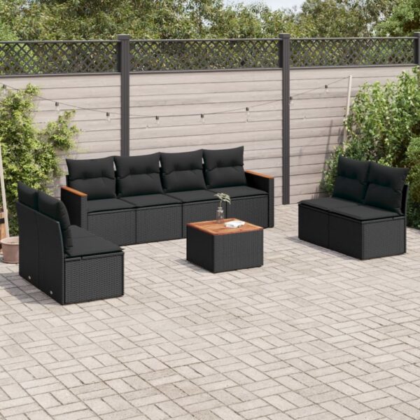 9-delige Loungeset met kussens poly rattan zwart