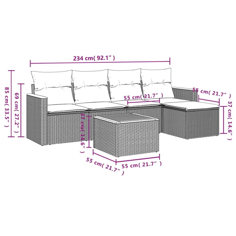 6-delige Loungeset met kussens poly rattan zwart - Afbeelding 3