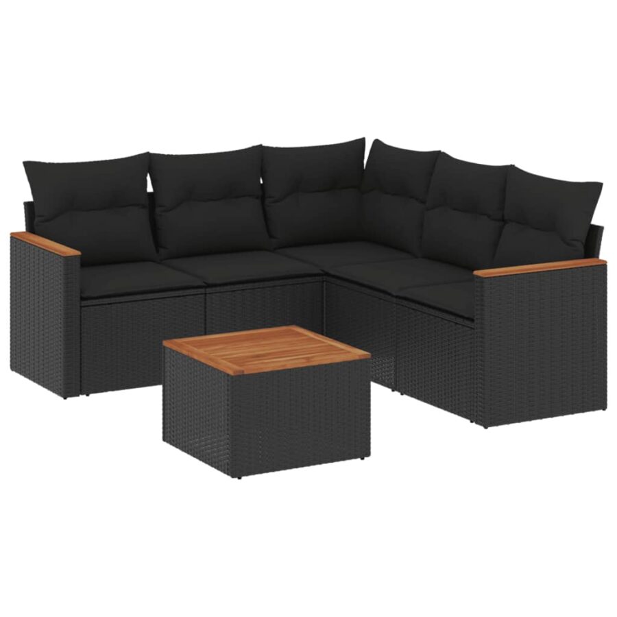 6-delige Loungeset met kussens poly rattan zwart - Afbeelding 2