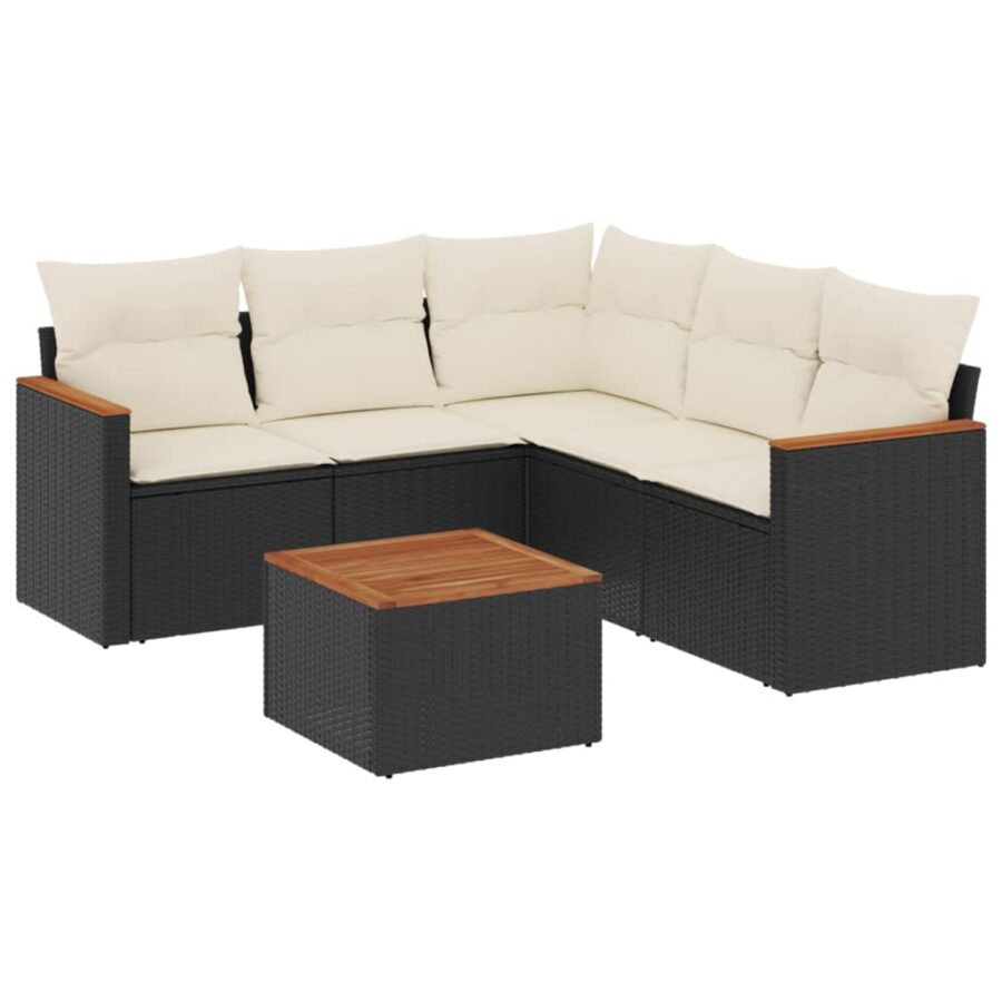 6-delige Loungeset met kussens poly rattan zwart - Afbeelding 2
