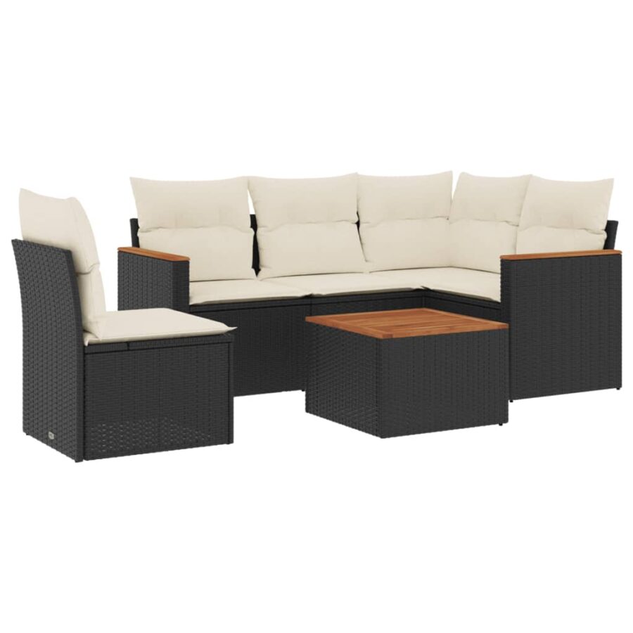 6-delige Loungeset met kussens poly rattan zwart - Afbeelding 2
