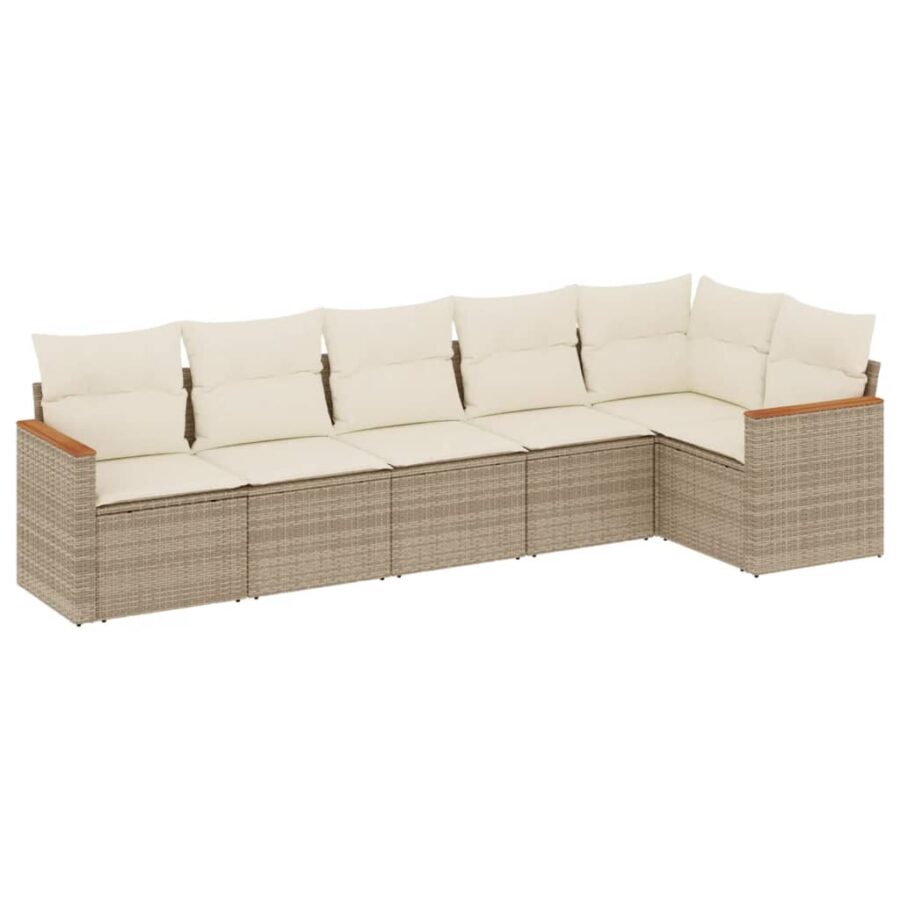 6-delige Loungeset met kussens poly rattan beige - Afbeelding 2