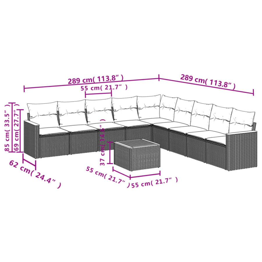 10-delige Loungeset met kussens poly rattan beige - Afbeelding 3