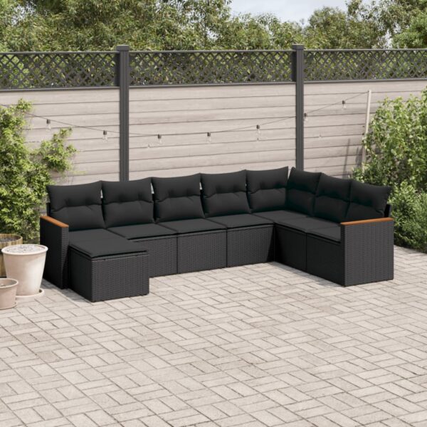 8-delige Loungeset met kussens poly rattan zwart