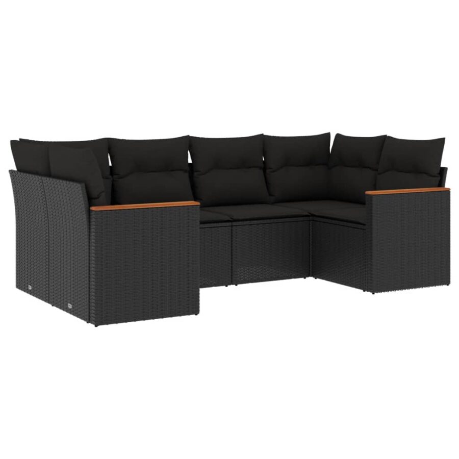 6-delige Loungeset met kussens poly rattan zwart - Afbeelding 2