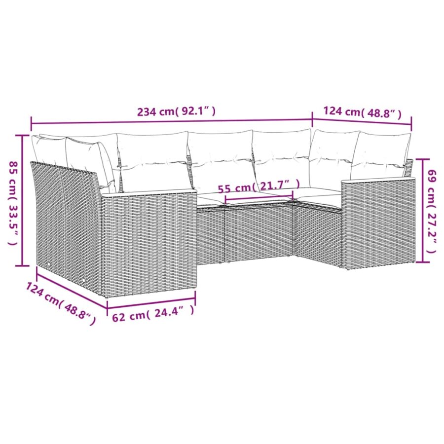 6-delige Loungeset met kussens poly rattan zwart - Afbeelding 3