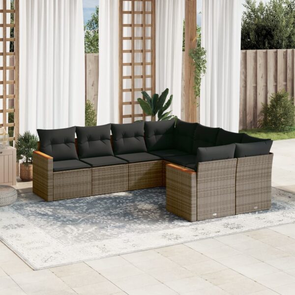 8-delige Loungeset met kussens poly rattan grijs