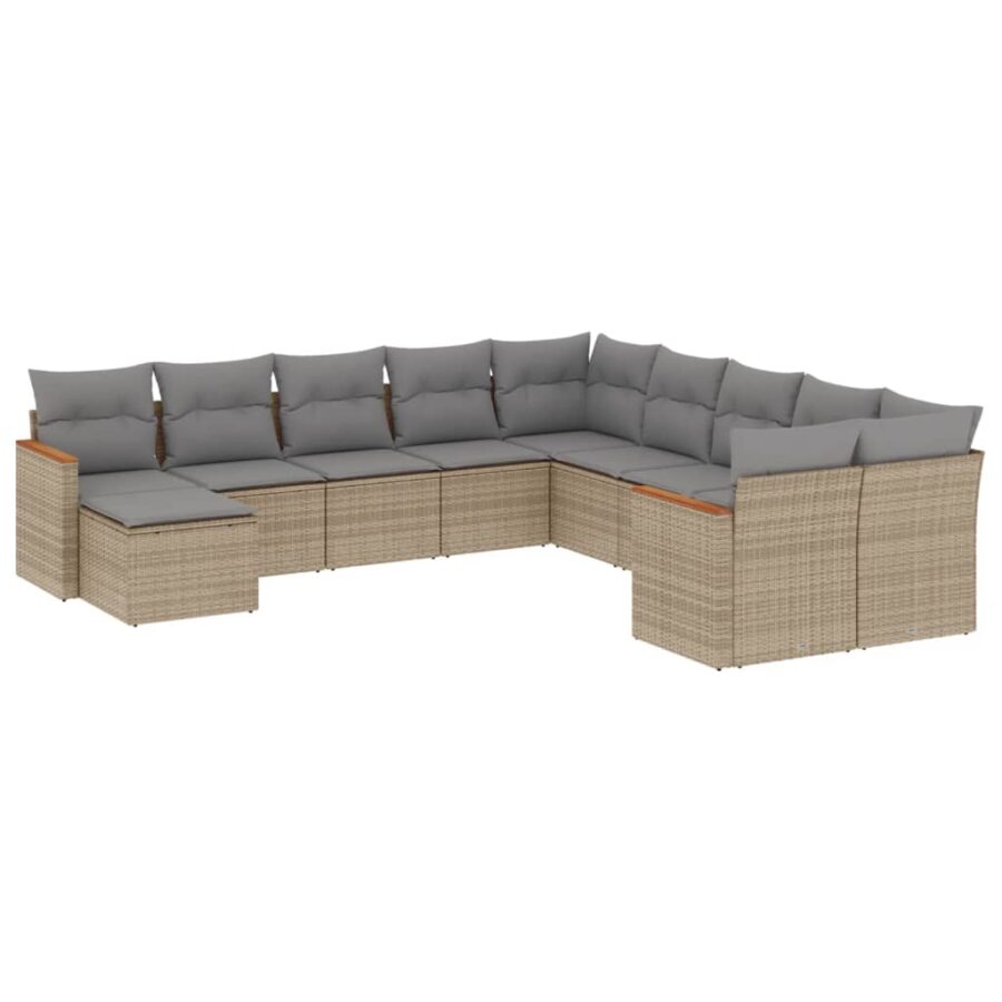11-delige Tuinset met kussens poly rattan beige - Afbeelding 2