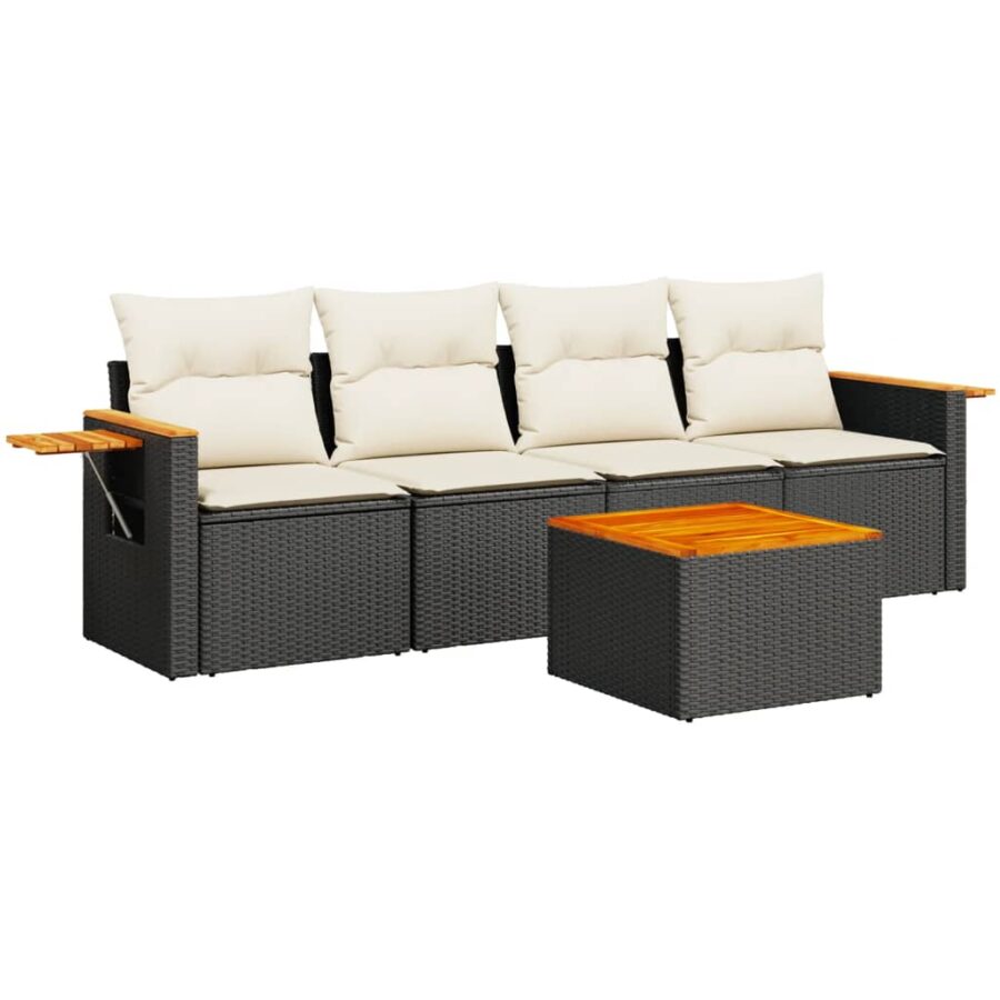 5-delige Loungeset met kussens poly rattan zwart - Afbeelding 2