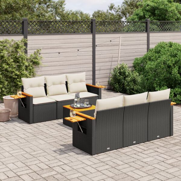 7-delige Loungeset met kussens poly rattan zwart