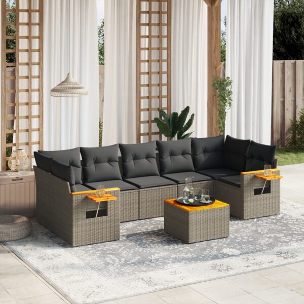 8-delige Loungeset met kussens poly rattan grijs