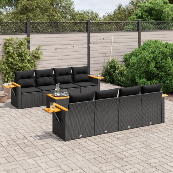 9-delige Loungeset met kussens poly rattan zwart