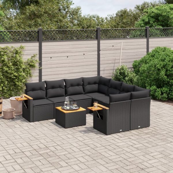 9-delige Loungeset met kussens poly rattan zwart