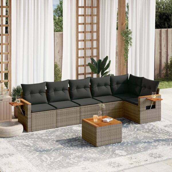 7-delige Loungeset met kussens poly rattan grijs