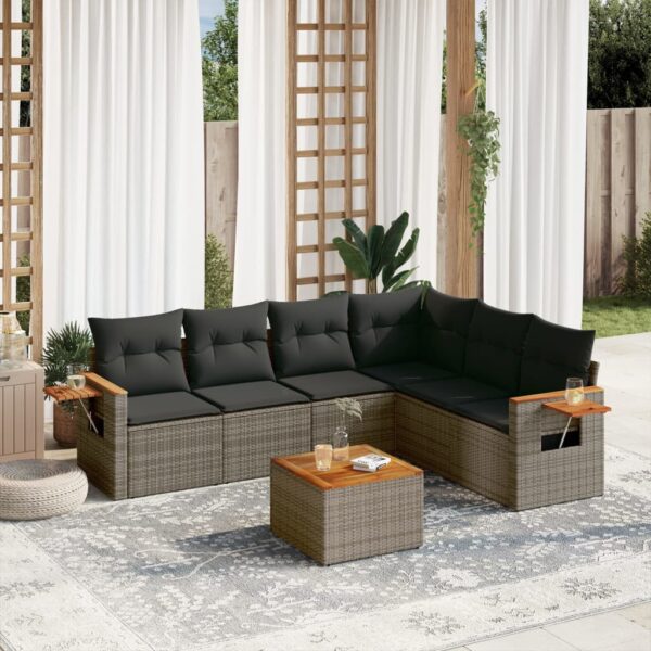 7-delige Loungeset met kussens poly rattan grijs