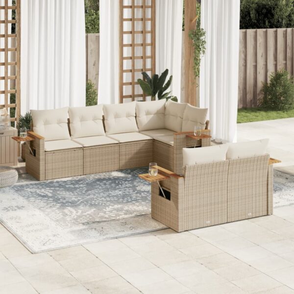 7-delige Loungeset met kussens poly rattan beige