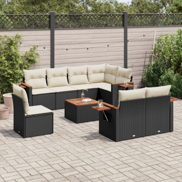 9-delige Loungeset met kussens poly rattan zwart