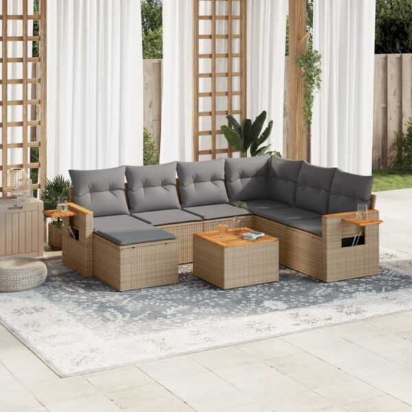 8-delige Loungeset met kussens poly rattan beige