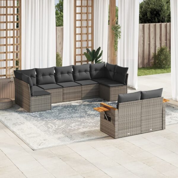 9-delige Loungeset met kussens poly rattan grijs
