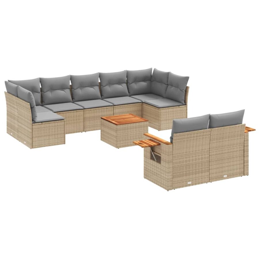 10-delige Loungeset met kussens poly rattan beige - Afbeelding 2