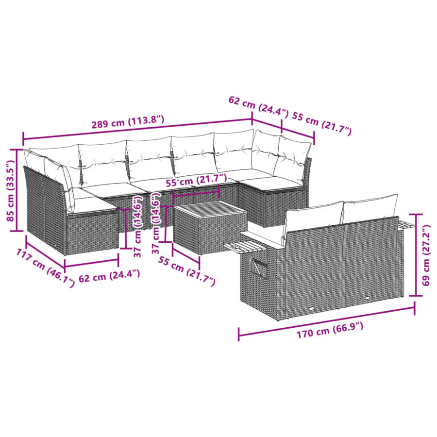 10-delige Loungeset met kussens poly rattan beige - Afbeelding 3