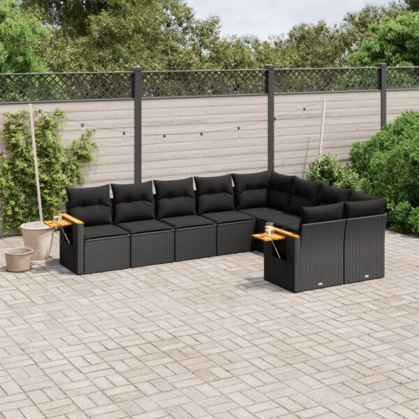 9-delige Loungeset met kussens poly rattan zwart