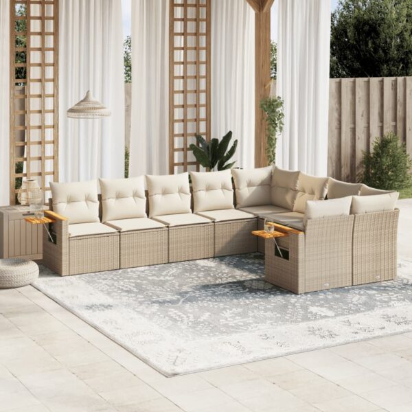 9-delige Loungeset met kussens poly rattan beige