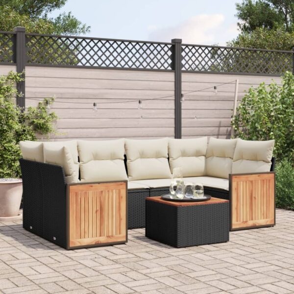 7-delige Loungeset met kussens poly rattan zwart