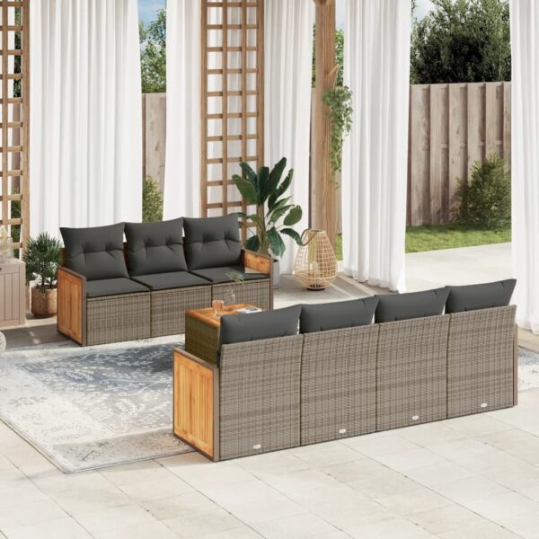 8-delige Loungeset met kussens poly rattan grijs