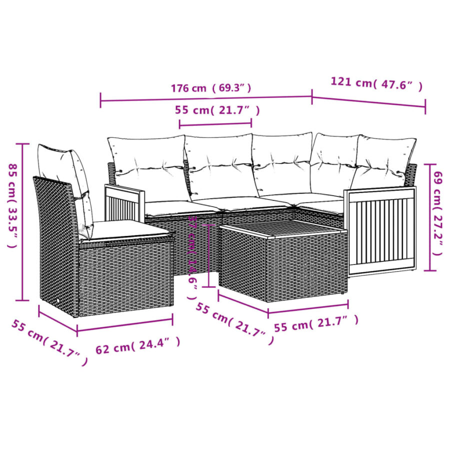 6-delige Loungeset met kussens poly rattan beige - Afbeelding 3