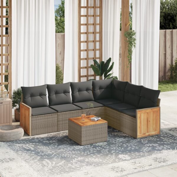7-delige Loungeset met kussens poly rattan grijs
