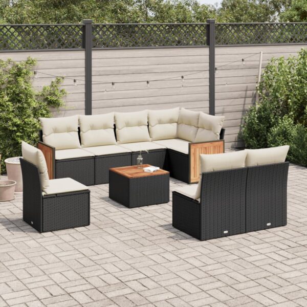 9-delige Loungeset met kussens poly rattan zwart