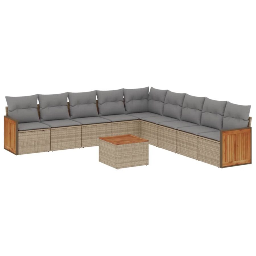 10-delige Loungeset met kussens poly rattan beige - Afbeelding 2