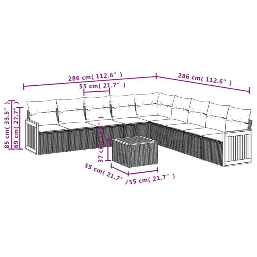 10-delige Loungeset met kussens poly rattan beige - Afbeelding 3