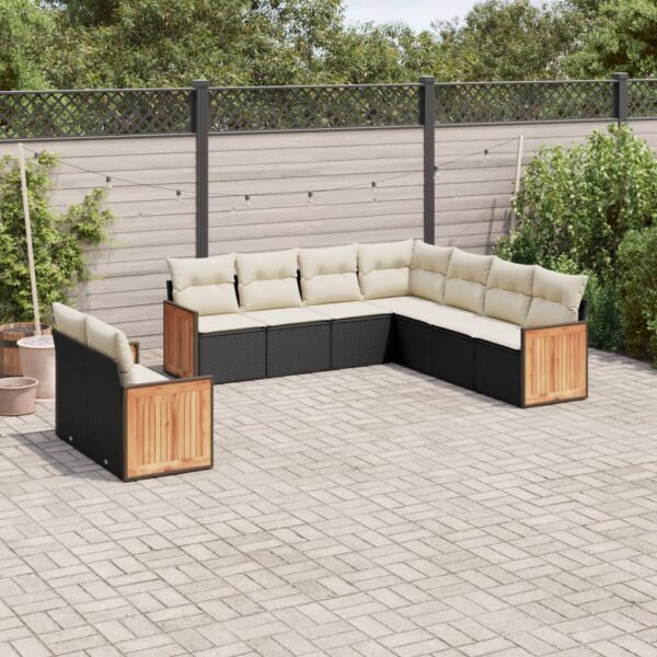 9-delige Loungeset met kussens poly rattan zwart