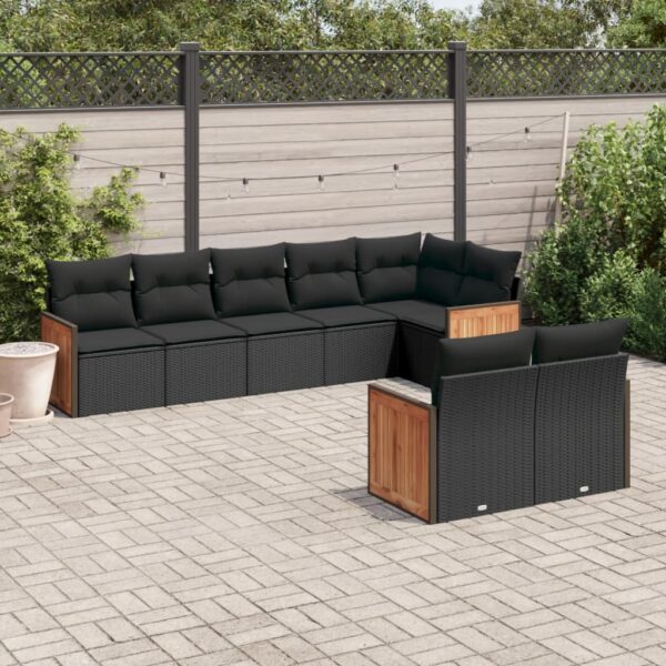 8-delige Loungeset met kussens poly rattan zwart