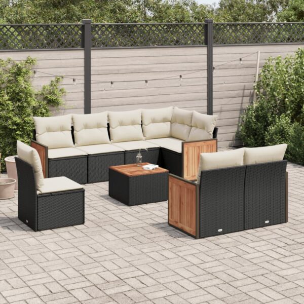 9-delige Loungeset met kussens poly rattan zwart