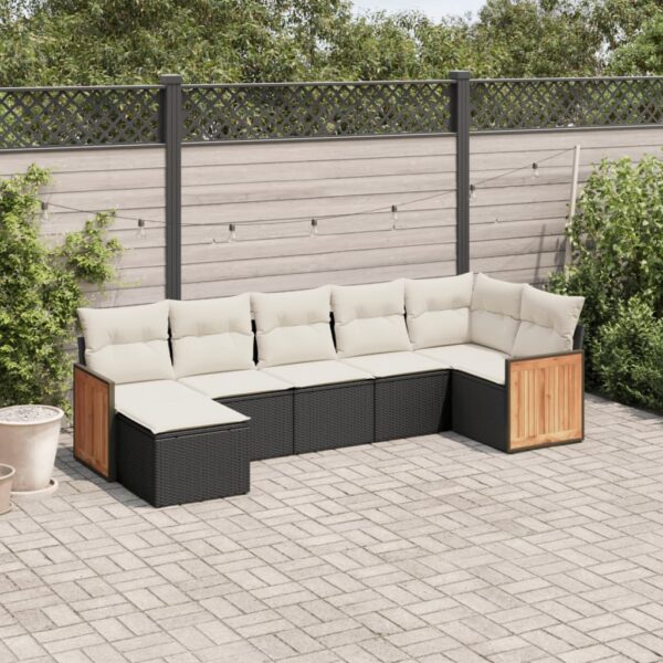 7-delige Loungeset met kussens poly rattan zwart