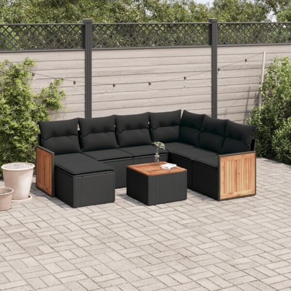 8-delige Loungeset met kussens poly rattan zwart