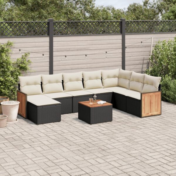 9-delige Loungeset met kussens poly rattan zwart