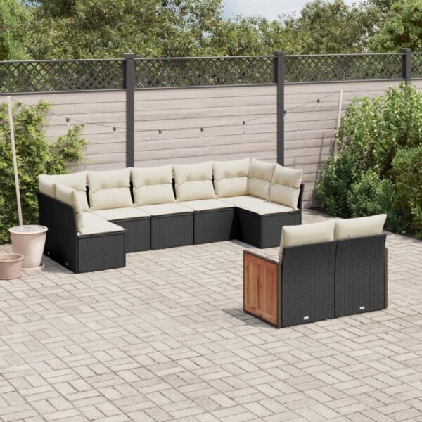 9-delige Loungeset met kussens poly rattan zwart
