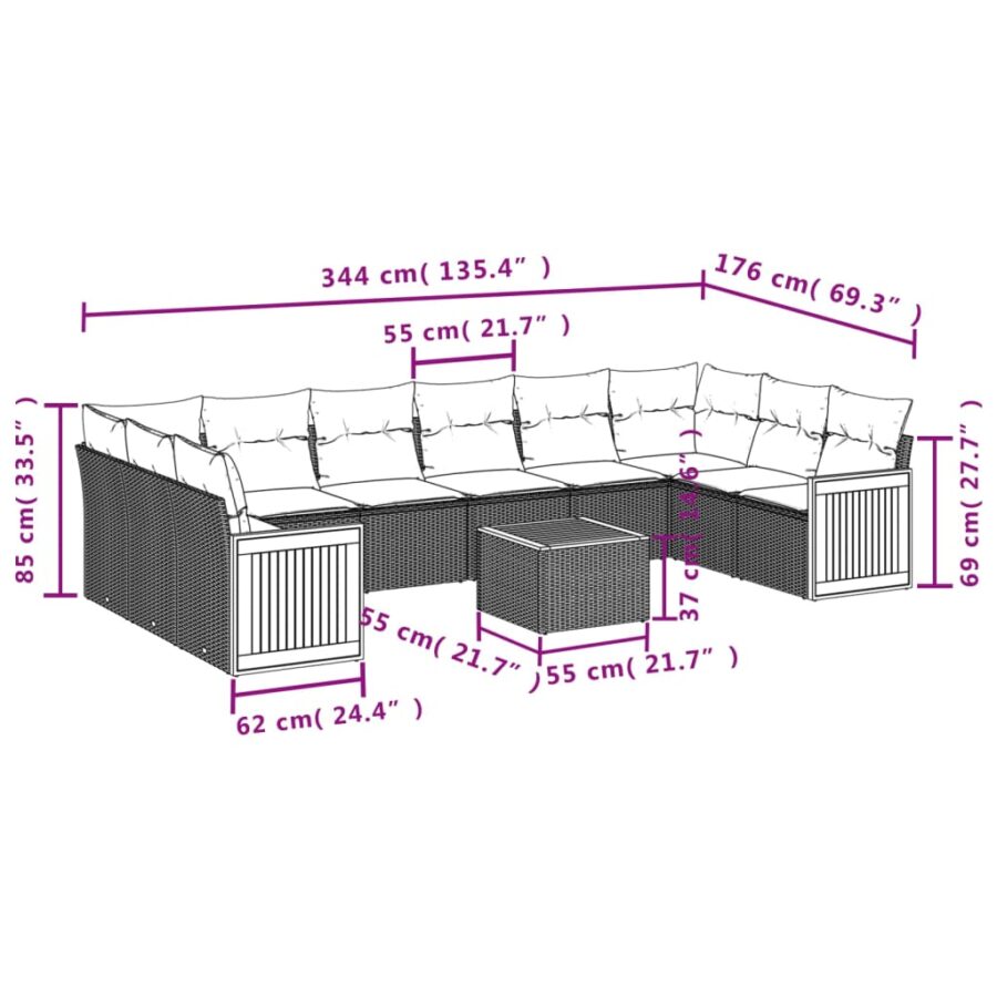11-delige Loungeset met kussens poly rattan grijs - Afbeelding 3