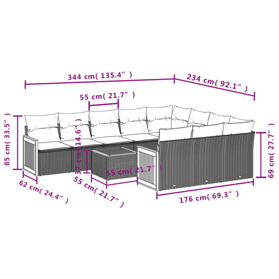 11-delige Loungeset met kussens poly rattan zwart - Afbeelding 3