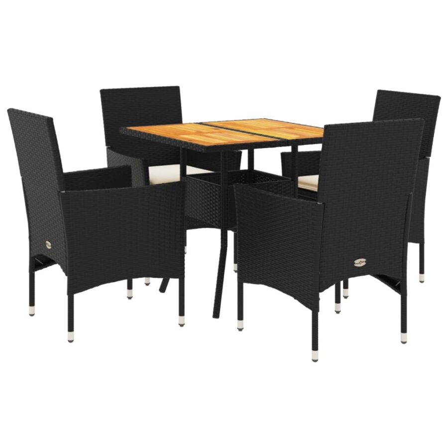 5-delige Loungeset met kussens poly rattan en acaciahout zwart - Afbeelding 2